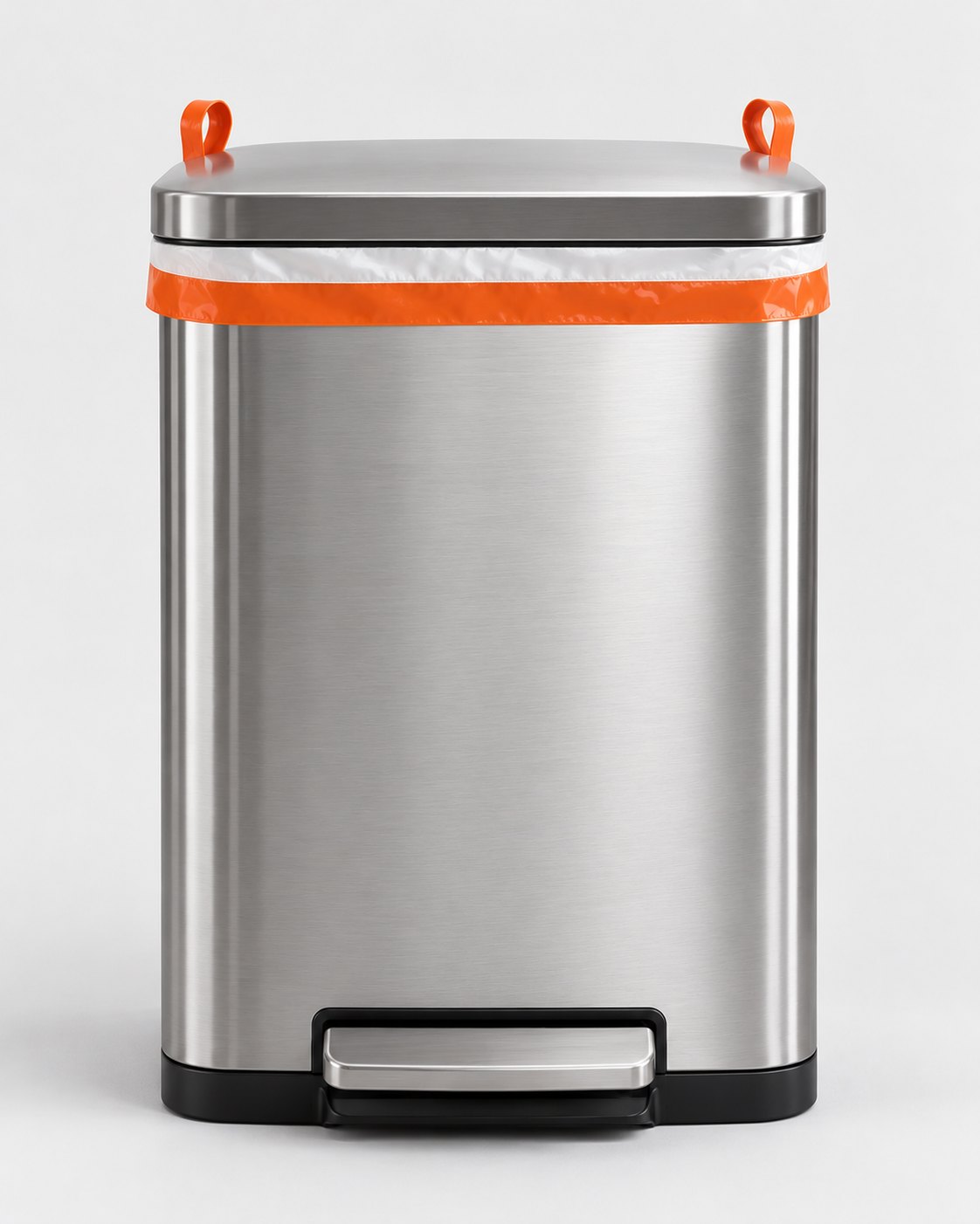 Kitchen liner fitted in a closed stainless step can, orange hem and loops visible