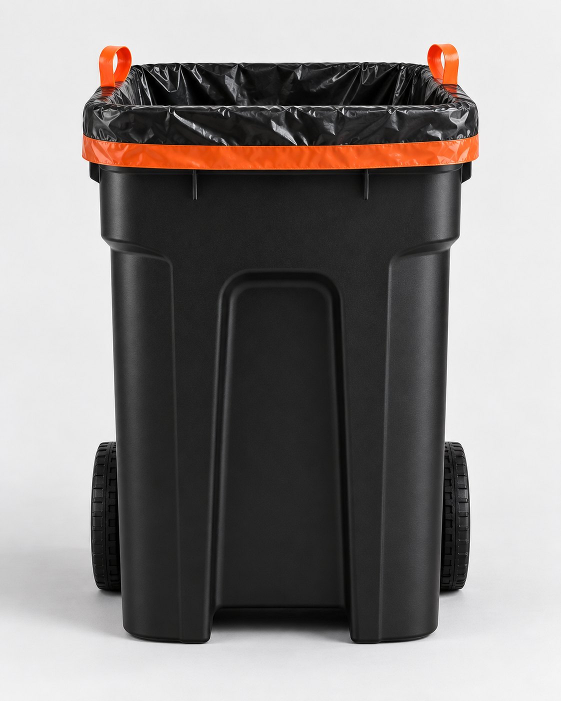 Black outdoor liner in a 30 gallon wheeled can, orange hem and loops